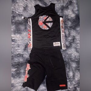 Ethika Black and Red Floral Jersey Tank and Shorts Set Size Medium